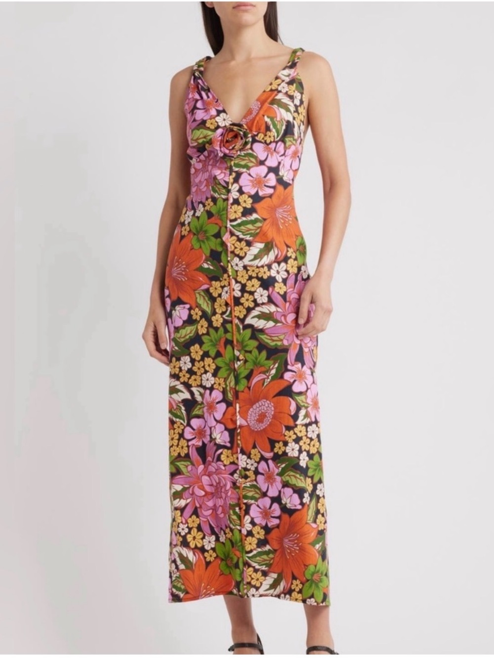 FARM Rio Linen Pink, Orange & Green Floral V-Neck Dress